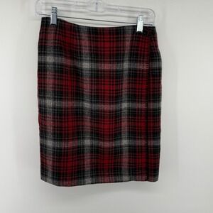 Vintage Wool Blend Herman Geist Red Black Plaid Wrap Pencil Skirt Size 8 Preppy